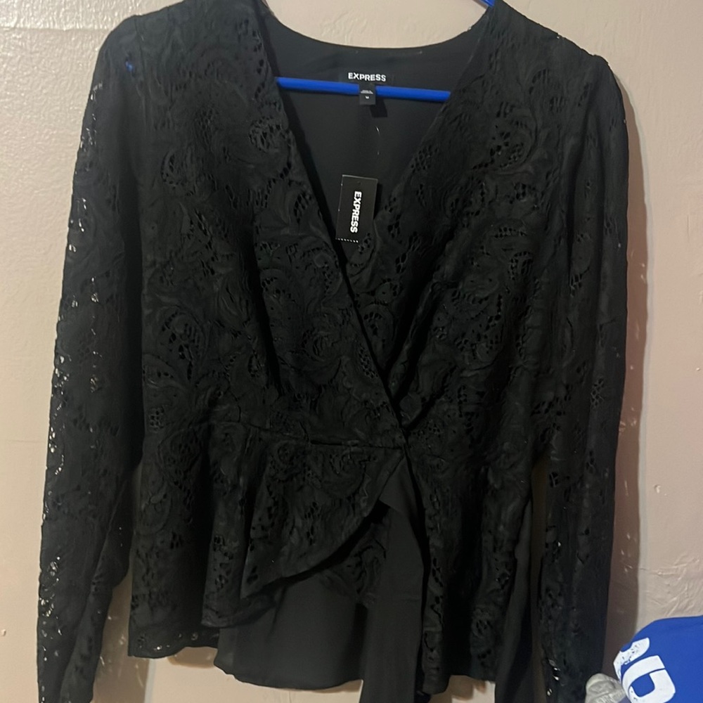 Express  black lace  v neck tie waist top size m